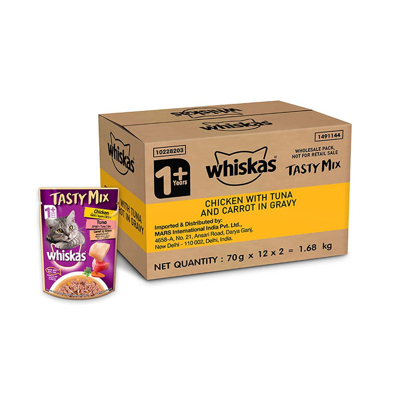 Whiskas - Tasty Mix - Real Fish - Chicken with Tuna and Carrot in Gravy -  Adult (+1 year) Wet Cat Food -70g
