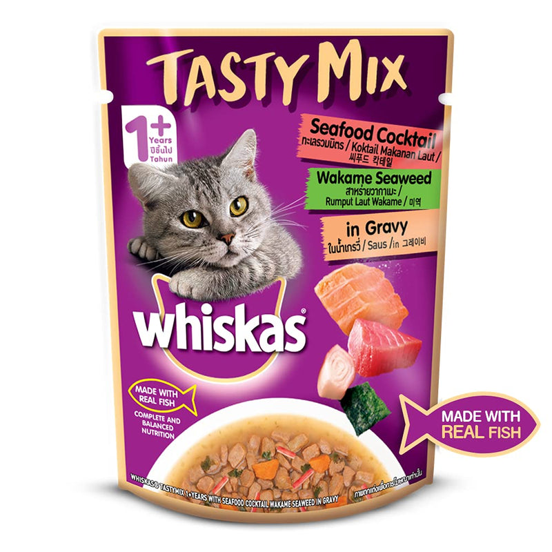 Whiskas - Tasty Mix - Real Fish - Seafood Cocktail - Wakame Seaweed in Gravy -  Adult (+1 year) Wet Cat Food -70g