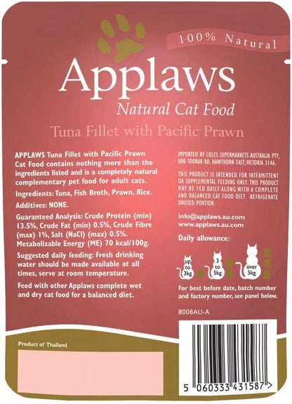 Applaws Cat Wet Food 70g Tuna Fillet with Pacific Prawns in Broth (Pack of 12)