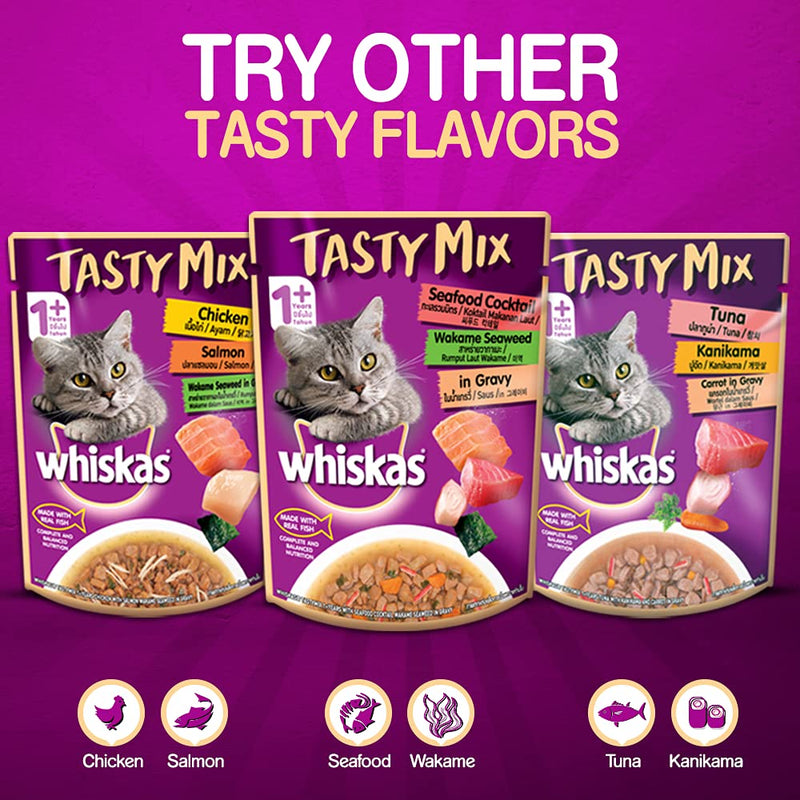 Whiskas - Tasty Mix - Real Fish - Seafood Cocktail - Wakame Seaweed in Gravy -  Adult (+1 year) Wet Cat Food -70g
