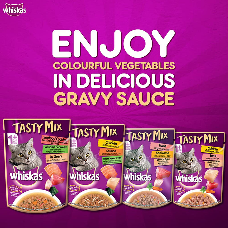 Whiskas - Tasty Mix - Real Fish - Chicken with Salmon Wakame Seaweed in Gravy -  Adult (+1 year) Wet Cat Food -70g