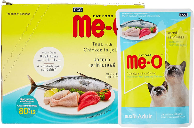 Me-O Adult Cat Food in Jelly, Tuna and Chicken, 80 g (Pack of 12)