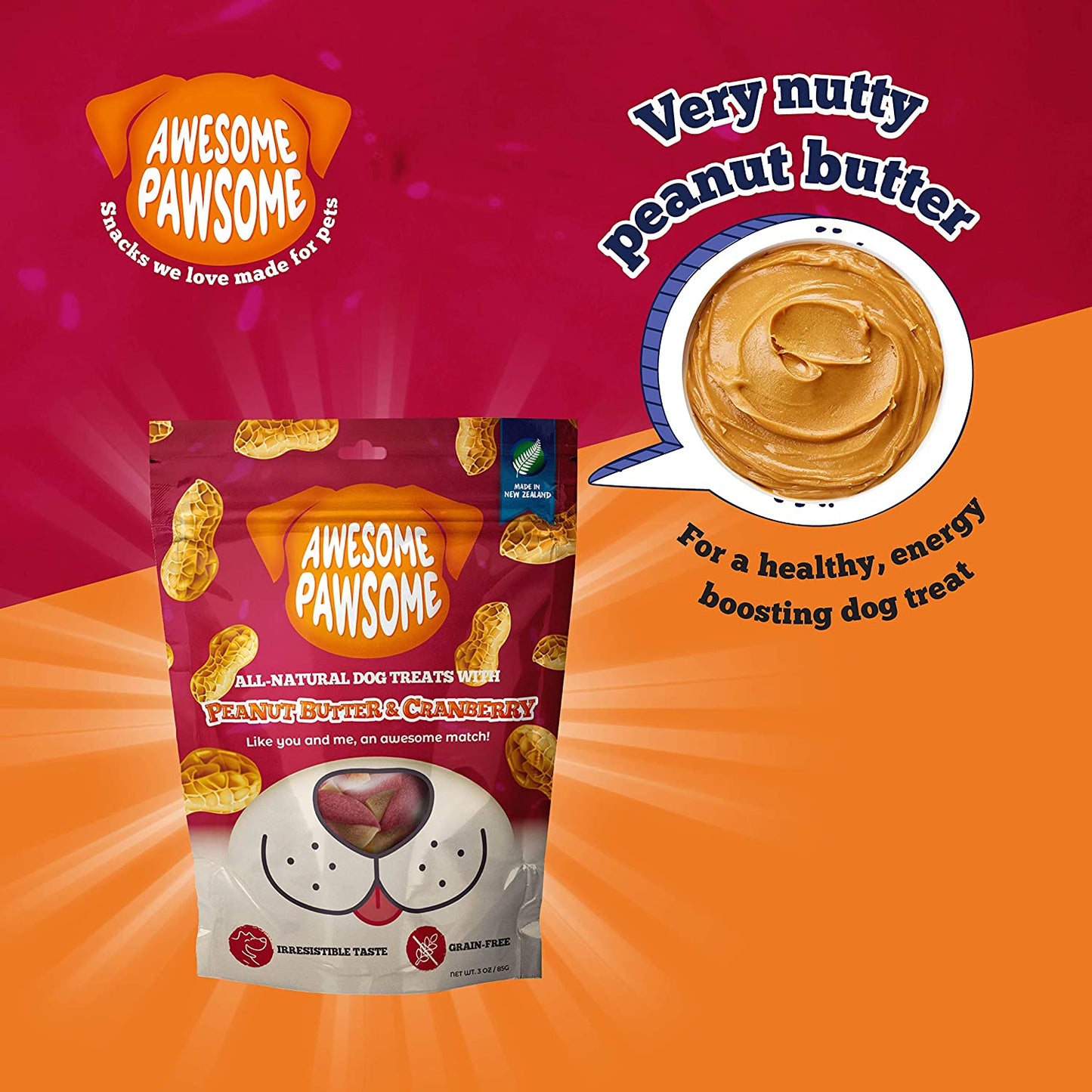 Awesome Pawsome - Peanut Butter & Cranberry All-Natural Grain-Free Dog Treats, 85g