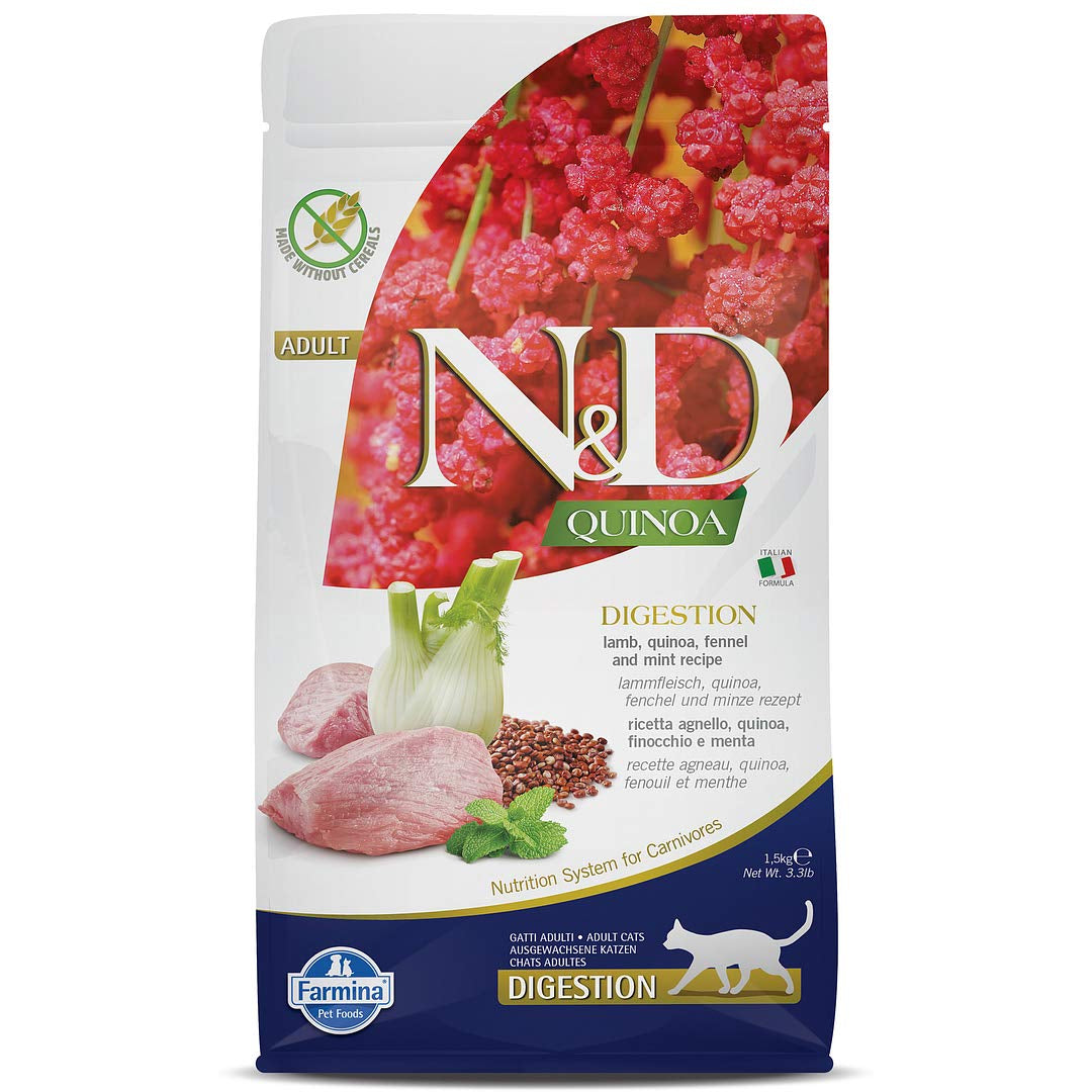 FARMINA N&D Quinoa, Digestion,  Lamb Fennel and Mint, Dry Cat Food, Adult, Grain-Free, 300g, 1.5-kg, 5Kg