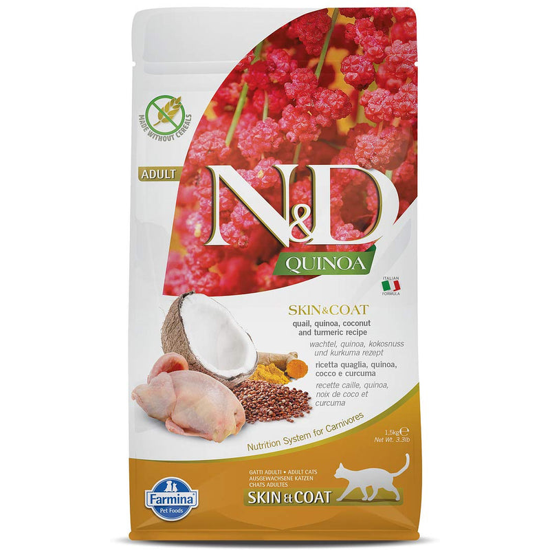 FARMINA N&D Quinoa, Skin and Coat, Quail Coconut and Turmeric, Dry Cat Food, Adult, Grain-Free, 300g, 1.5-kg, 5Kg