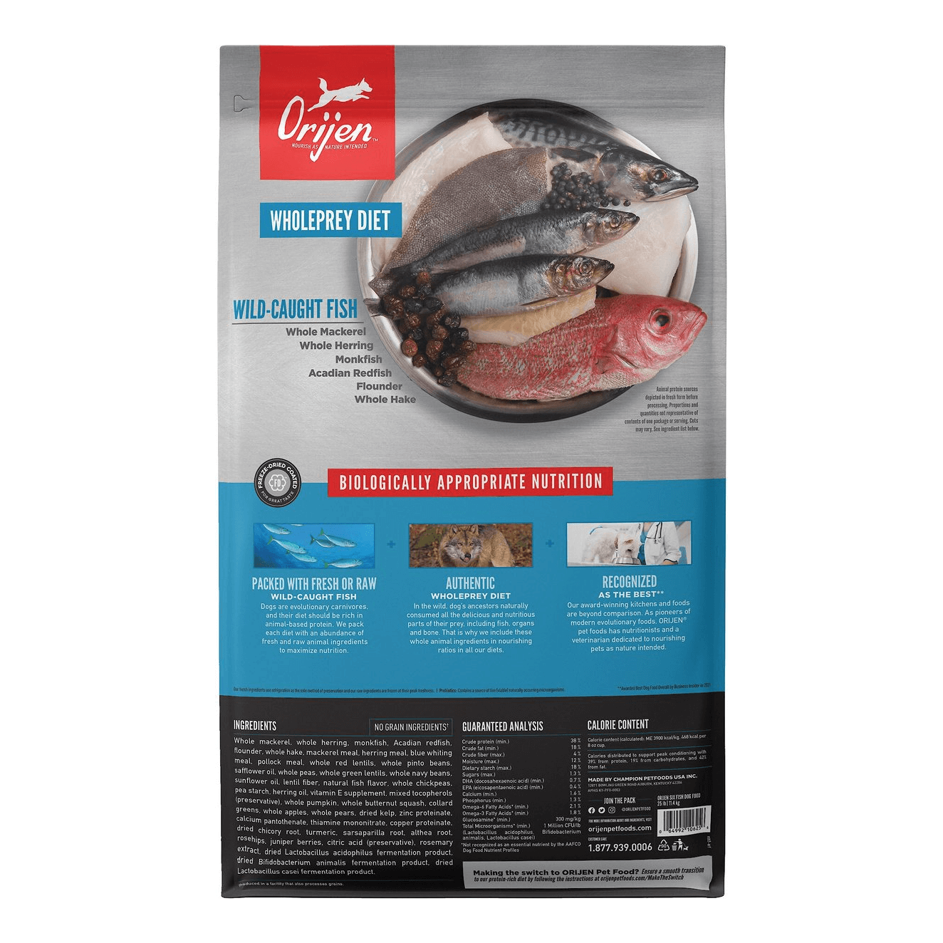 Orijen six fish dog food backside