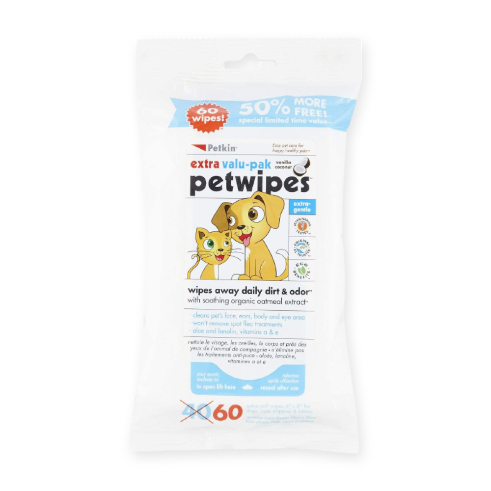 Petkin - Pet Wipes Valu-Pak, Vanilla & Coconut, ( 40 + 20 wipes)