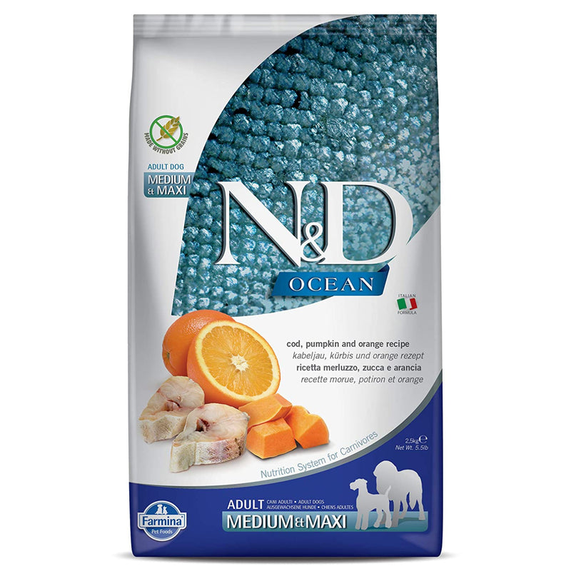 FARMINA - N&D - Ocean - Codfish, Pumpkin and Orange - Dry Dog Food - Grain Free - Adult - Medium and Maxi Breed