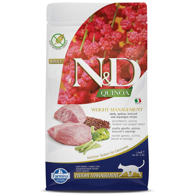 FARMINA N&D Quinoa Weight Management, Lamb Broccoli and Asparagus, Dry Cat Food, Adult, Grain-Free, 300g, 1.5-kg, 5Kg
