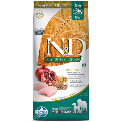 FARMINA N&D - Ancestral Grain - Chicken and Pomegranate - Selection Adult Medium & Maxi Breed, 12kg + 3kg Free,